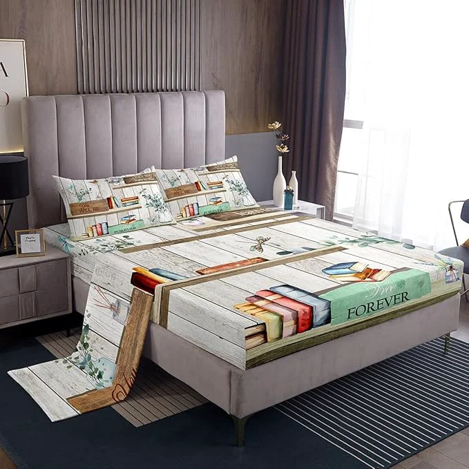 High-Quality Watercolor Books Bed Sheets Set Reading Time Girls Women Fitted Sheet Rustic Farmhouse Style Bedding Set for Bedroom Decor Floral Leaves Sheets Full Flat Sheet amp Fitted Sheet with 2 Pillow Case Soft