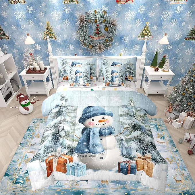 Artisan Castle Fairy Xmas Snowman Blue Comforter Set Queen Size 7 Pcs Winter Outdoor Pine Tree Bedding Set for Girls Teens Bedroom Decor Cartoon Bed in a Bag with Comforter Sheets and Pillow Cases High-Grade