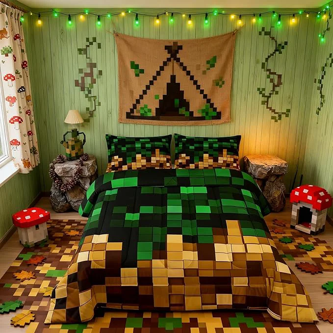 Smart Pixelated Miners Block Kid Comforter Set Full Size Patchwork Video Games Bedding Set Girl Boy Room Decor Geometric Patchwork Grid Quilt Comforter Green Yellow Duvet Set Bedroom Quilt Set 2 Pillowcases Sustainable