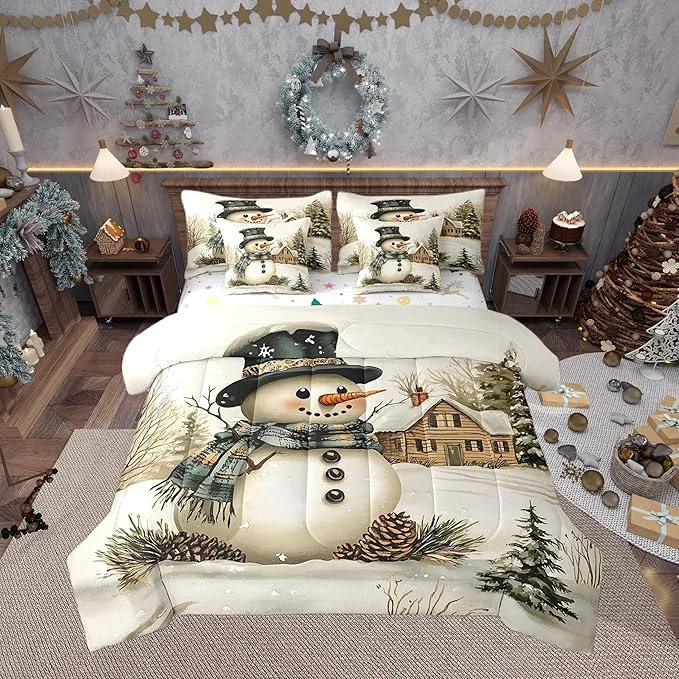 Luxury Winter Farmhouse Style Comforter Set Bed in a Bag 7 Pieces Queen Cartoon 3D Snowman Rustic Pinecone Bedding Set Merry Christmas Comforter Fitted Flat Sheet 2 Pillowcases 2 Throw Pillow Covers Comfortable
