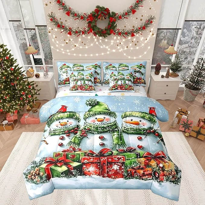 Organic Castle Fairy Cute Winter Snowman Queen Comforter Set with Sheets Bed in a Bag 7 Pcs Botanical Leaves Bed Set Farmhouse Style Bedding Sets with Comforter Flat Fitted Sheet Pillowcases Pillow Covers Expertly Made