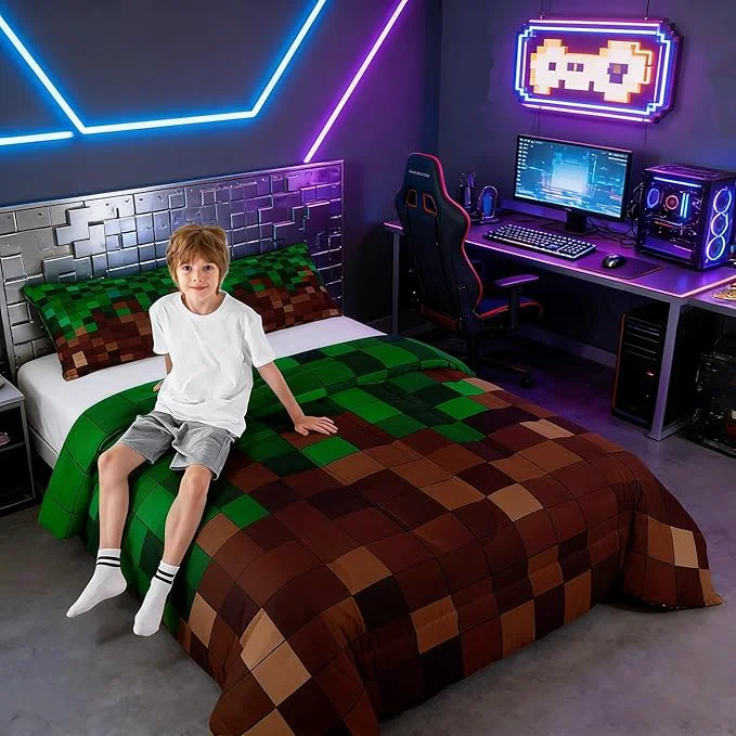 Reusable Manfei Pixelated Girls Bedding Set Twin Size Patchwork Grid Video Games Comforter Set Miners Lattice Simple Quilt Comforter Girls Boys Teens Dark Green Brown Room Decor All Season 1 Pillowcase Trendy