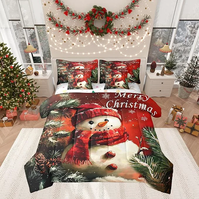 Genuine Winter Snowman Comforter Set 7 Pieces Merry Christmas Trees Flowers Bed Set Happy New Year Bedding Bed in a Bag Soft Full 1 Comforter 2 Pillowcase 2 Pillow Covers 1 Flat Sheet 1 Fitted Sheet Luxury