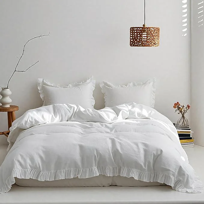 Powerful Simple amp Opulence Linen Duvet Cover Set 3 PCS Natural French Flax White Ruffle Duvet Cover Queen Size Breathable Comfy Linen Bedding Comforter Cover with 2 Pillowcases White 88 quot X 92 quot Sustainable