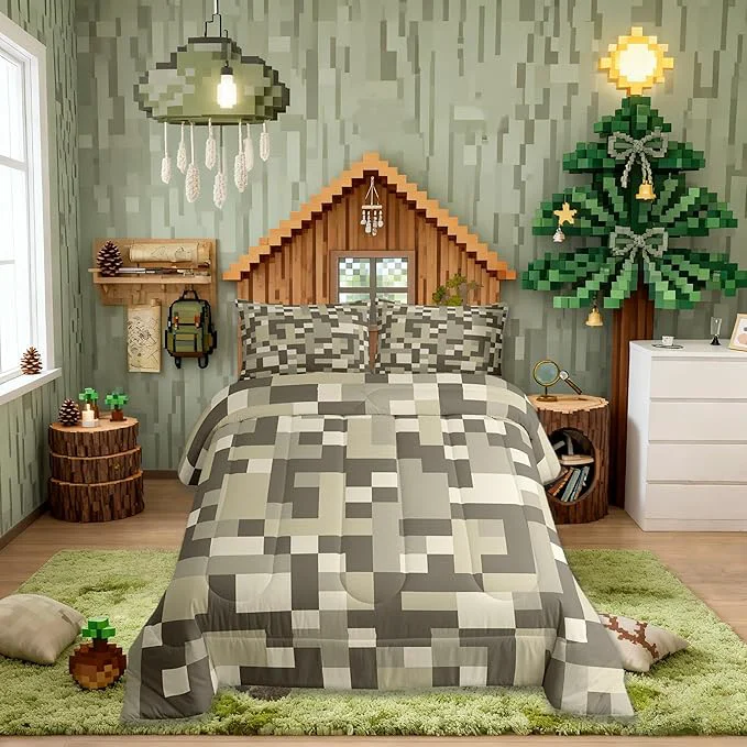 Green Pixelated Miners Blocks Kids Bedding Set King Size Patchwork Square Video Games Comforter Set Geometric Patchwork Grid Quilt Comforter Light Gray Bedroom Duvet Insert 2 Pillowcases Comfortable