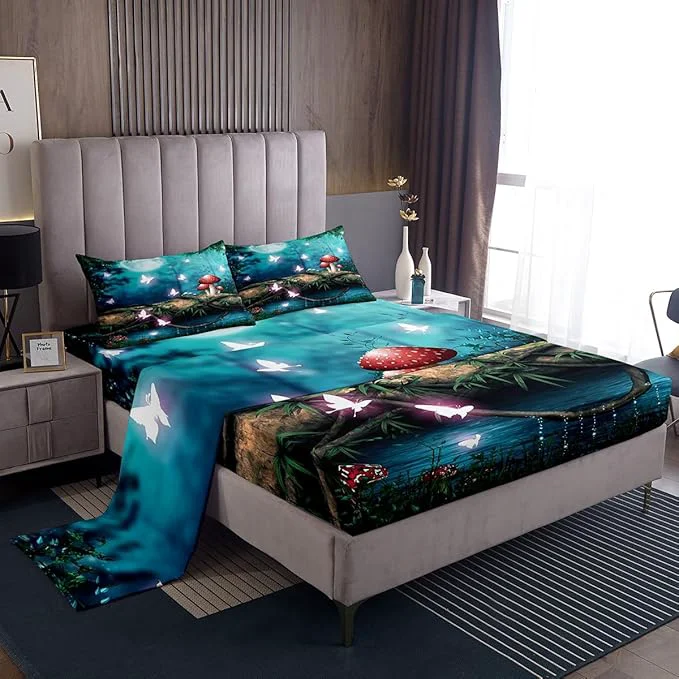 Excellent Red Mushroom Fitted Sheet Set with 2 Pillowcase Moon Night Sky Jungle Bed Sheet for Boys Girls Bedroom al Butterfly Cartoon Plant Top Flat Sheet Luxury Microfiber Queen Size High-End