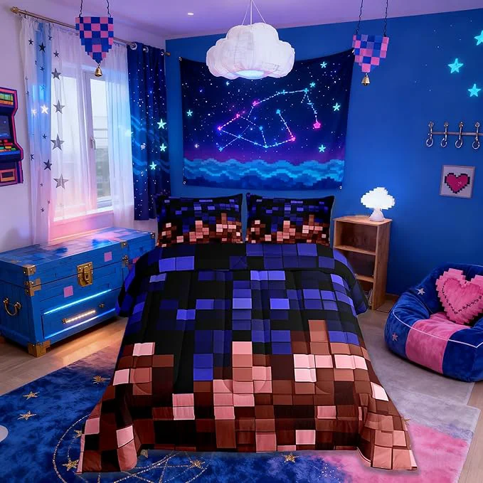 Official Pixelated Miners Game Kids Comforter Set Twin Size Geometric Check Video Games Bedding Set Boys Girls Room Decor Gamepad Grid Gaming Quilt Comforter Blue Red Duvet Set Bedroom Quilt Set 1 Pillowcase Casual
