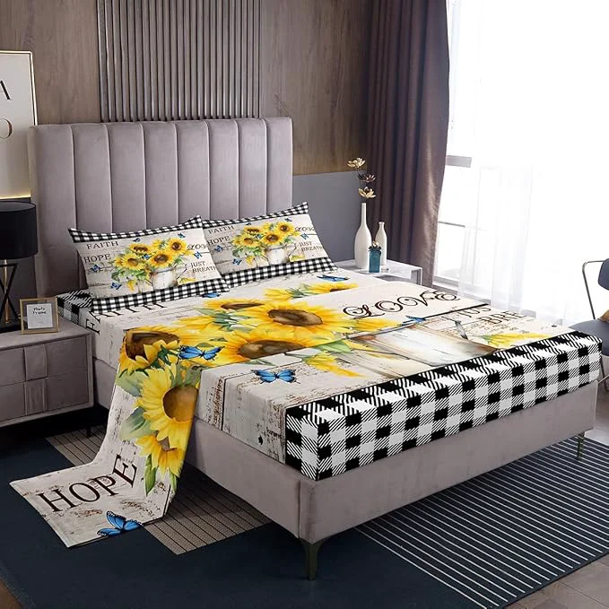 Lightweight Yellow Sunflowers Bed Sheets Set Rustic Farmhouse Style Fitted Sheet Black White Plaid Bedding Set for Bedroom Decor Retro Gingham Sheet King Flat Sheet amp Fitted Sheet with 2 Pillow Case Exceptional