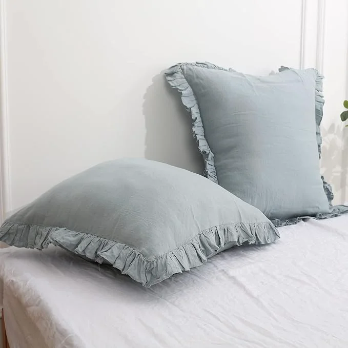 Modern Simple amp Opulence Linen Euro Sham Covers with Ruffle 26×26 Inch Pillow Covers Set of 2 Euro Pillow Shams for Bed Couch French Home Decor Luxury and Breathable Square Pillow Cases Dusty Blue Smart
