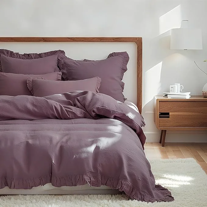 Premium Material Simple amp Opulence Linen Duvet Cover Set 3 PCS Natural French Flax Purple Ruffle Duvet Cover King Size Breathable Comfy Linen Bedding Comforter Cover with 2 Pillowcases Purple 104 quot X 92 quot Trusted