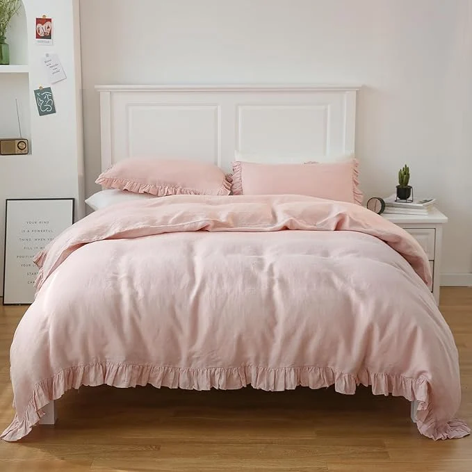 Smooth Simple amp Opulence Linen Duvet Cover Set 3 PCS Natural French Flax Blush Pink Ruffle Duvet Cover Queen Size Breathable Comfy Linen Bedding Comforter Cover with 2 Pillowcases Blush Pink 88 quot X 92 quot Soft
