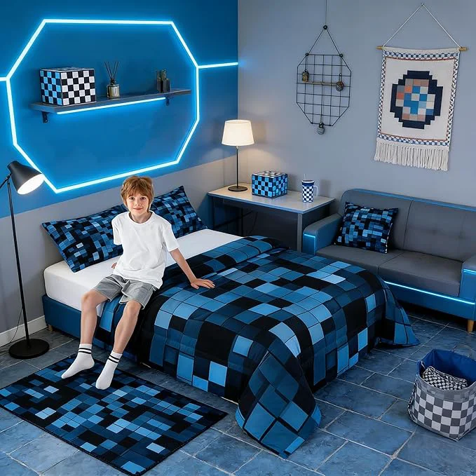 Flexible Pixelated Blocks Kids Comforter Set Full Size Patchwork Square Video Games Bedding Set Girls Boys Room Decor Geometric Patchwork Grid Quilt Comforter Blue Duvet Set Bedroom Quilt Set 2 Pillowcases High-End
