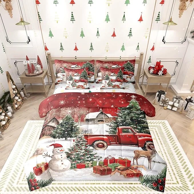 Certified Castle Fairy Farmhouse Christmas 7 PCS Comforter Set Xmas Truck Cute Snowman Bedding Set for Kids Girls Rustic Pine Tree Deer Bed in a Bag with Comforter Sheets and Pillow Cases King Contemporary