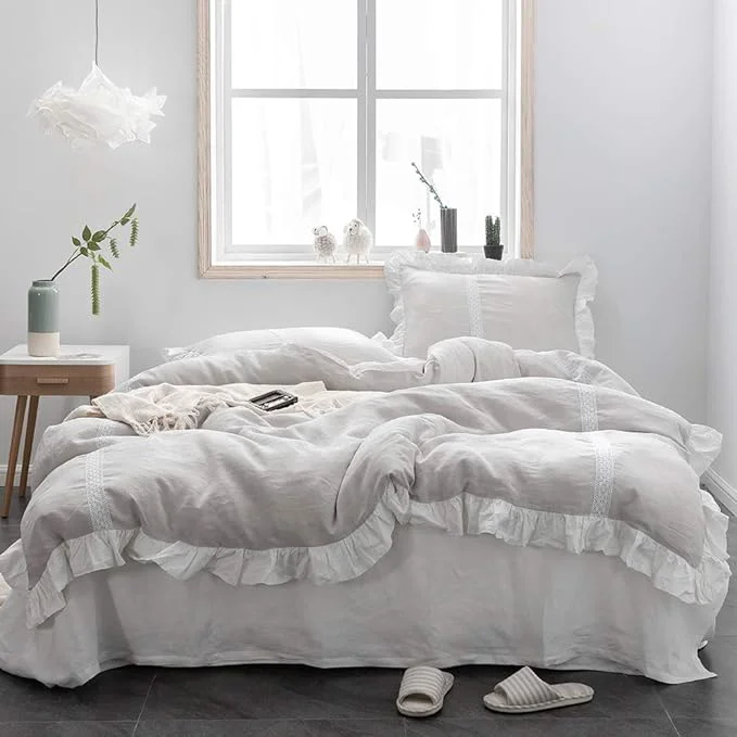Classic Simple amp Opulence Linen Duvet Cover Set 104 quot x92 quot Floral Flax King Size Shabby Chic Ruffle Edge Lace Insert Decoration 3 Pcs Farmhouse Bedding-1 Comforter Cover 2 Pillow Shams Floral Grey Eco-Friendly