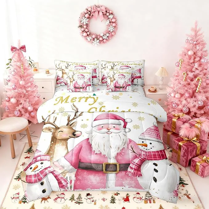 Effective Castle Fairy Cute Santa Claus 7 Pieces Bedding Set King Bed in a Bag Winter Snowman Deer Watercolor Christmas Theme Comforter Set Geometric Snowflakes Gold Print Soft Warm Microfiber Bedding Premium