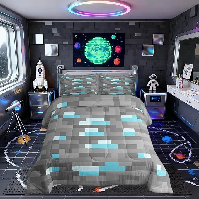 Selected Pixelated Blocks Miners Kids Comforter Set Twin Size Video Games Game Gamepad Bedding Set Boys Room Decor Geometric Grid Patchwork Quilt Comforter Gray Blue Duvet Set Bedroom Quilt Set 1 Pillowcase Superior