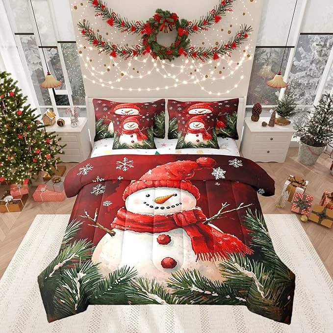 User-Friendly Castle Fairy Snowman with Red Scarf 7 Pieces Bedding Set Full Bed in a Bag Rustic Pine Leaves Botanical Plants Comforter Set Geometric Snowflakes Red Tie Dyed Soft Warm Microfiber Bedding World-Class