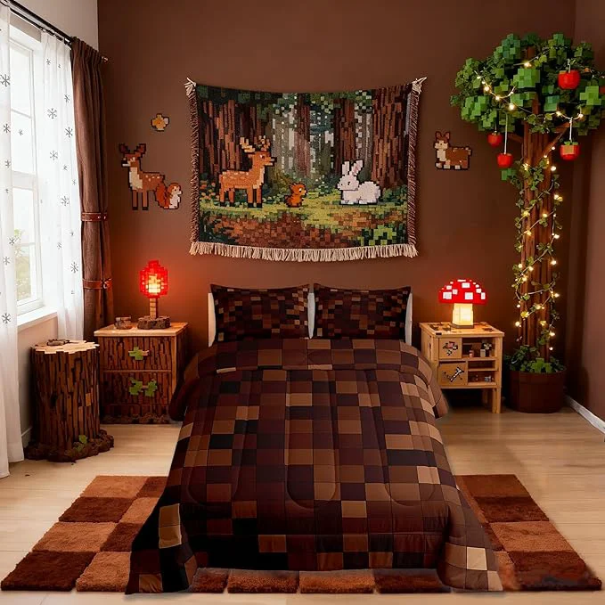 Solid Miners Pixel Checked Kids Comforter Set Full Size Video Games Check Lattice Bedding Set Girls Boys Room Decor Game Cartoon Gamepad Quilt Comforter Dark Brown Duvet Set Bedroom Quilt Set 2 Pillowcases Outstanding