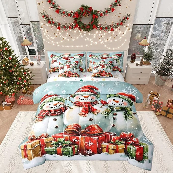 Unique Happy New Year Comforter Set Bed in a Bag 7 Pieces Queen 3D Snowman Gifts Watercolor Bowknot Bedding Set Winter Geometric Snowflakes Comforter Fitted Flat Sheet 2 Pillowcases 2 Throw Pillow Covers Responsible