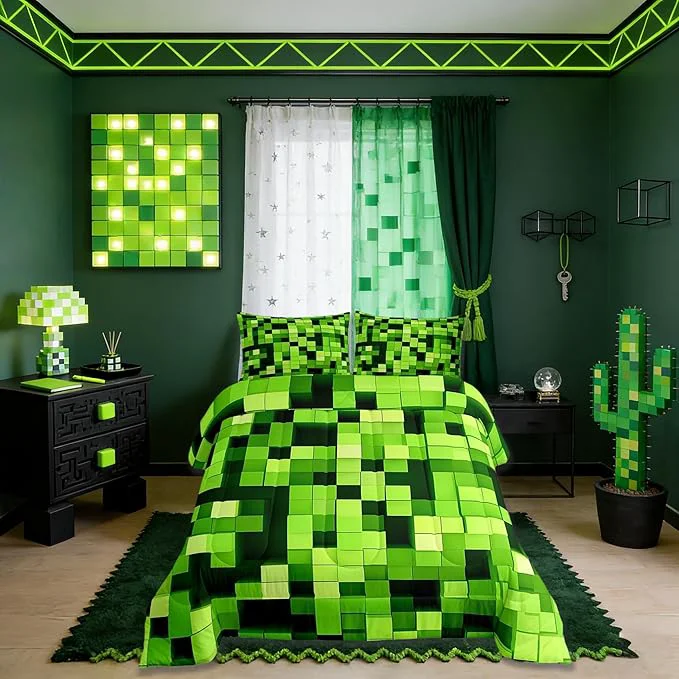 Elegant Pixelated Miners Game Kids Bedding Set Queen Size Video Games Gamepad Gaming Comforter Set Geometric Square Quilt Comforter Light Green Bedroom Duvet Insert 2 Pillowcases Breathable