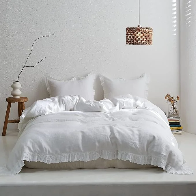 Premium Simple amp Opulence Linen Duvet Cover Set 3 PCS Natural French Flax White Ruffle Duvet Cover Full Size Breathable Comfy Linen Bedding Comforter Cover with 2 Pillowcases White 78 quot X 86 quot Sophisticated