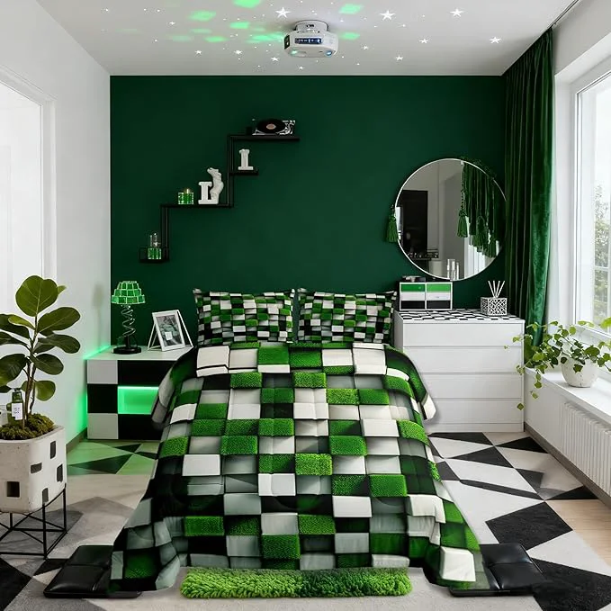 Comfortable Pixelated Miners Game Comforter Set Full Size Video Games Cartoon Gamepad Kids Bedding Set Modern Geometric Check Quilt Comforter Green White Duvet Insert 2 Pillowcases High-Quality