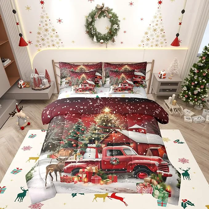 Enhanced Merry Christmas Comforter Set 7 PCS Luxury Christmas Trees and Gifts Bed Set for Girls Kids Red Barn Truck Bed in a Bag Bedding Set with Comforter Sheet Set Pillowcases Pillow Covers Queen Exclusive