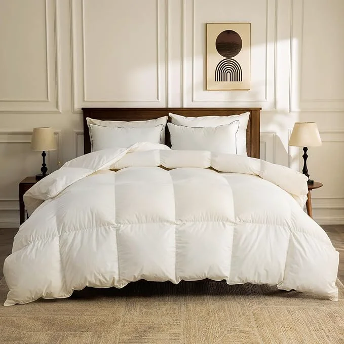 Artisan BPC Organic Feather Down Comforter Oversized King Hotel-Luxury Fluffy Duvet Insert with Cotton Cover and Puffy Feather Down Filling for All-Season Ivory White 120×98 Inches Solid