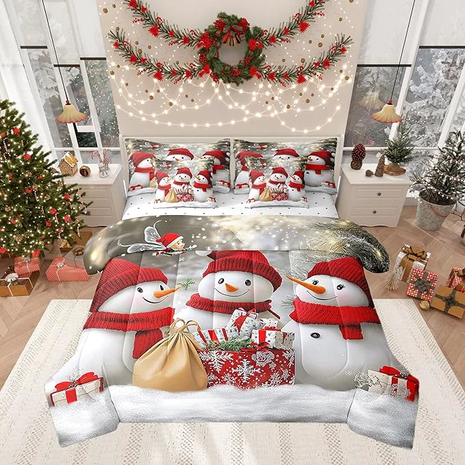 Casual Cartoon 3D Snowman Comforter Set Bed in a Bag 7 Pieces Queen Retro Farmhouse Christmas Theme Bedding Set Witer Snow Watercolor Gifts Comforter Fitted Flat Sheet 2 Pillowcases 2 Throw Pillow Covers Smooth