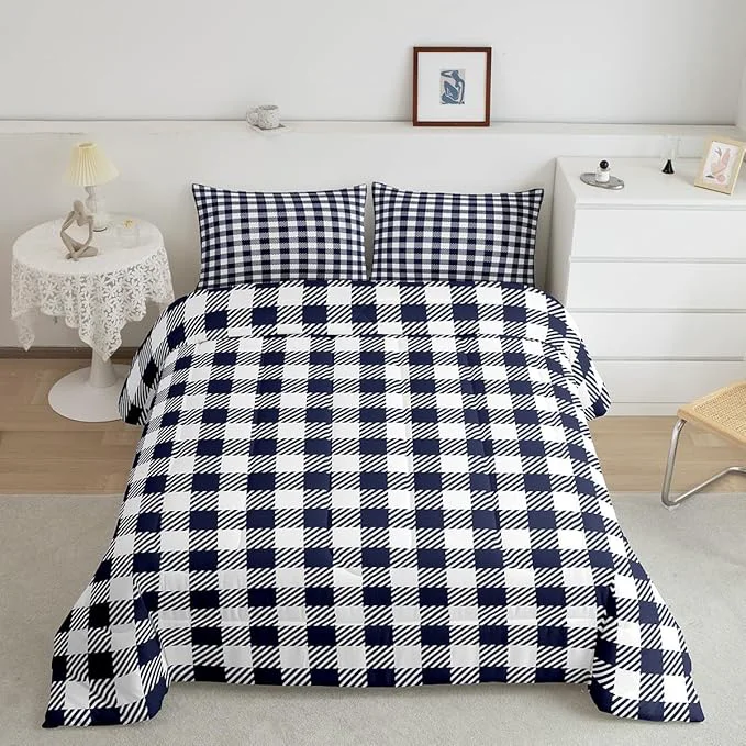 Smart Manfei Navy Blue Plaid Bedding Set Twin Size Buffalo Check Plaid Comforter Classic Gingham Pattern Comforter Set Navy White Grid Duvet Set 2Pcs Quilt Set 1 Comforter Set with 1 Pillowcase Natural