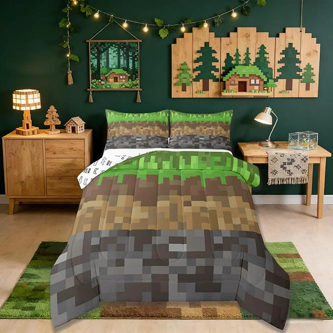 Convenient Miners Pixel Checked Kids Bedding Set Queen Size Video Games Check Lattice Comforter Set Game Cartoon Gamepad Quilt Comforter Gray Green Brown Bedroom Duvet Insert 2 Pillowcases Efficient
