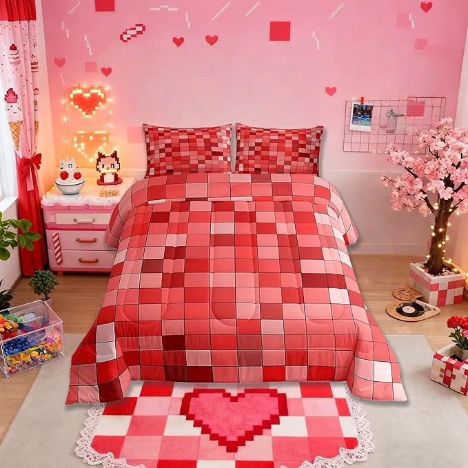 Enhanced Pixelated Comforter Set King Size Patchwork Grid Video Games Kids Bedding Set Miners Lattice Simple Quilt Comforter Red Duvet Insert 2 Pillowcases Carefully Designed