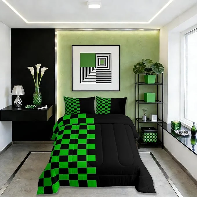 Flexible Geometric Plaid Kids Comforter Set Twin Size Patchwork Grid Video Games Bedding Set Boys Room Decor Simple Lattice Abstract Quilt Comforter Black amp Green Duvet Set Bedroom Quilt Set 1 Pillowcase Certified