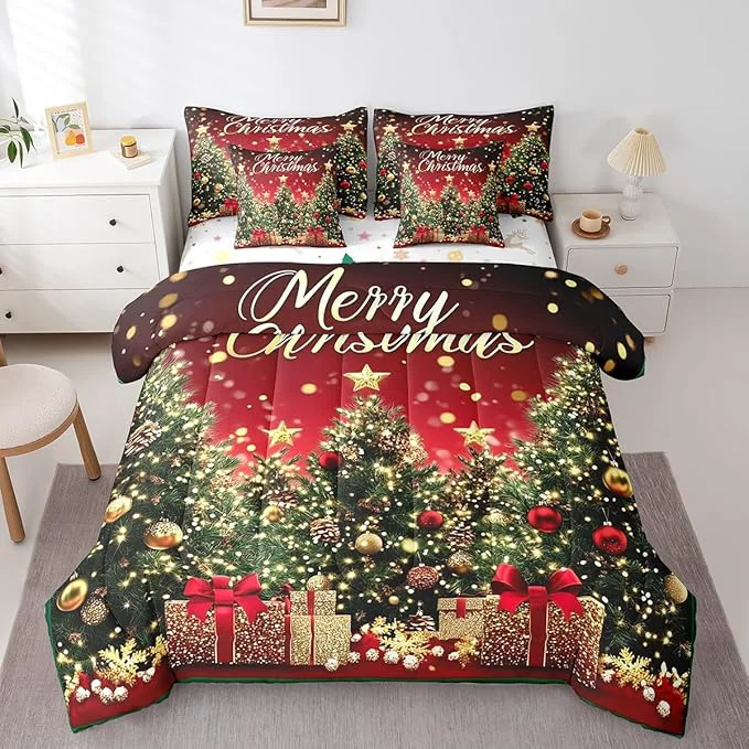 Modern Castle Fairy Boys Girls Kids Xmas Trees Comforter Set 7 Pieces Reversible Bed Set Happy New Year Bedding Bed in a Bag Soft Queen 1 Comforter 2 Pillowcase 2 Pillow Covers 1 Flat Sheet 1 Fitted Sheet Minimalist