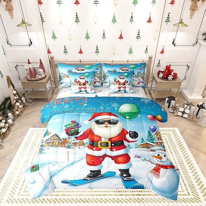 Quality Castle Fairy Skiing Santa 7 Pieces Bedding Set Queen Bed in a Bag Merry Christmas House Gifts Snowman Comforter Set Farmhouse New Year Decor Soft Warm Microfiber Bedding World-Class