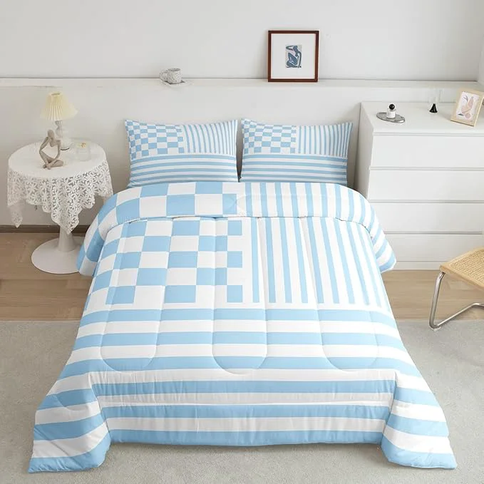 Quality Blue Plaid Bedding Set Twin Size Fashion Buffalo Check Comforter Blue Stripes Geometric Comforter Set Modern Simple Style Duvet Set 2Pcs Quilt Set 1 Comforter Set with 1 Pillowcase Efficient