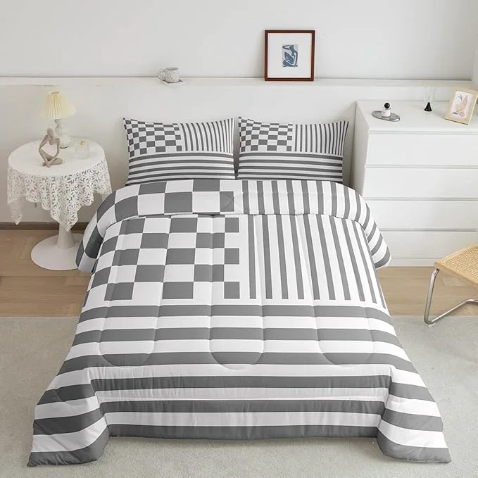 Enhanced Grey Stripes Bedding Set Full Size Buffalo Check Plaid Comforter Fashion Plaid Geometric Comforter Set Modern Simple Style Duvet Set 3Pcs Quilt Set 1 Comforter Set with 2 Pillowcase Optimized