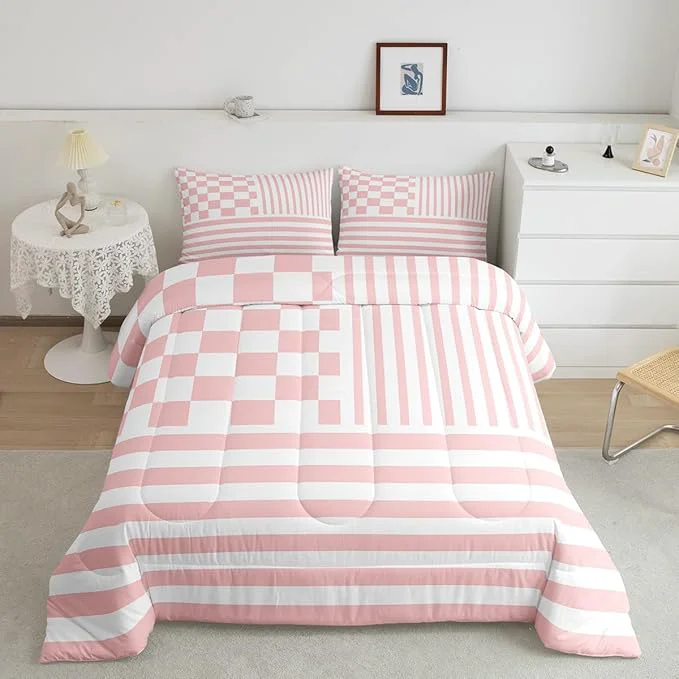 Innovative Pink Check Comforter Set Fashion Buffalo Plaid Bedding Set Modern Simple Style Bedding Home Decor Pink Stripes Geometric Comforter Queen Size Quilted Duvet Set 1 Comforter with 2 Pillowcase Eco-Friendly