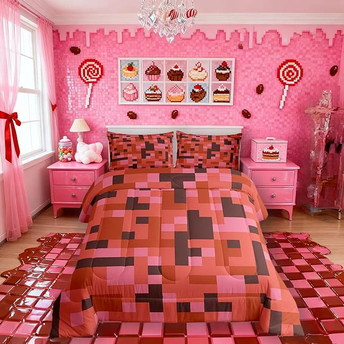 Classic Pixelated Miners Game Kids Bedding Set King Size Camo Geometric Check Comforter Set，Reversible Gamepad Video Games Quilt Comforter Red Brown Bedroom Duvet Insert 2 Pillowcases Elegant