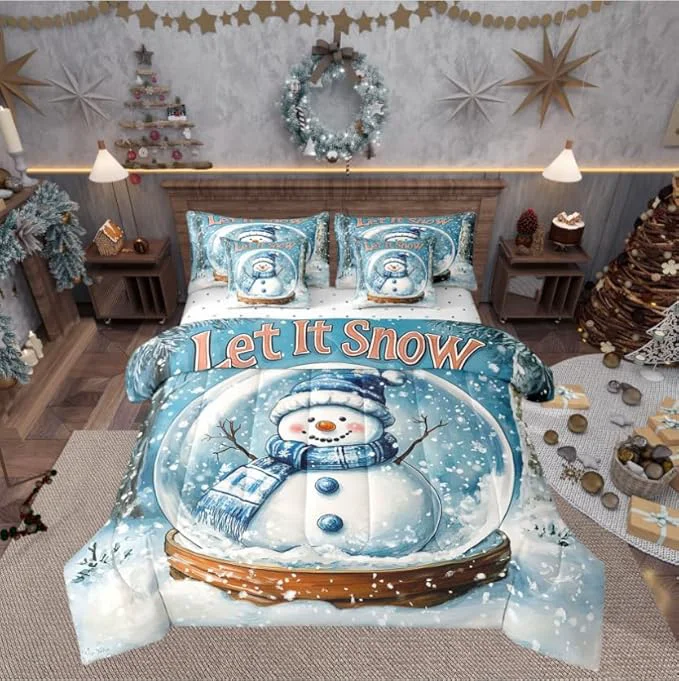 Natural Winter Snowman Comforter Set 7 Pieces Merry Christmas Theme Bed Set Snow Botanical Plants Bedding Bed in a Bag Soft Queen 1 Comforter 2 Pillowcase 2 Pillow Covers 1 Flat Sheet 1 Fitted Sheet Lightweight