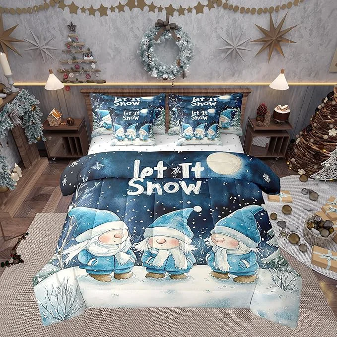 High-End Castle Fairy Winter Night Comforter Set Bed in a Bag 7 Pieces King Cute Gnome Retro Blue Tie Dye Bedding Set Merry Christmas Theme Comforter Fitted Flat Sheet 2 Pillowcases 2 Throw Pillow Covers Outstanding