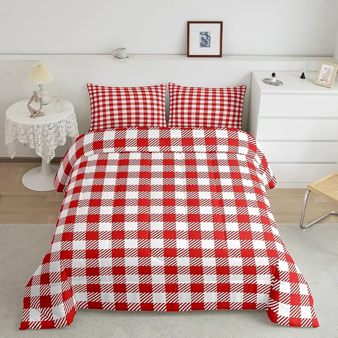 Clean Manfei Red Plaid Bedding Set Full Size Buffalo Check Plaid Comforter Classic Gingham Pattern Comforter Set Red White Grid Duvet Set 3Pcs Quilt Set 1 Comforter Set with 2 Pillowcase Optimized