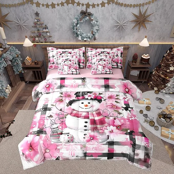 Flexible Castle Fairy Kawaii Snowman 7 Pieces Bedding Set Queen Bed in a Bag Pink Cherry Blossom Winter Flowers Comforter Set Modern Abstract Soft Warm Microfiber Bedding Premium