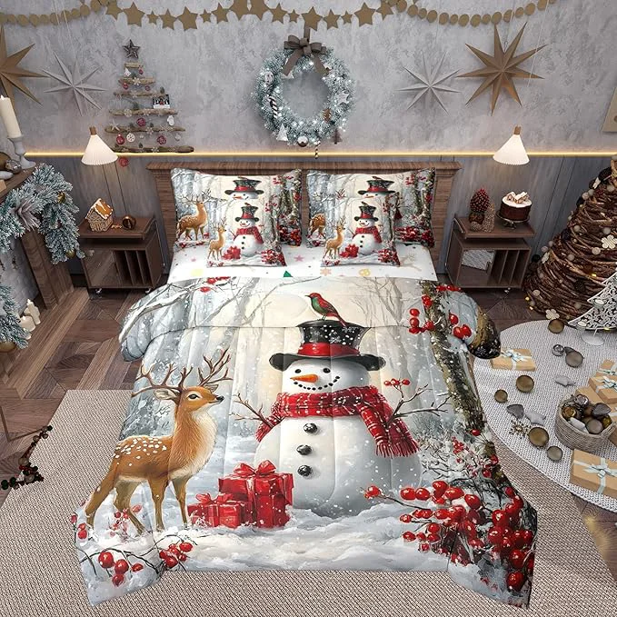 Excellent Castle Fairy Winter Snowman Comforter Set Full Size 7 Pcs Merry Christmas Theme Bedding Set for Girls Teens Bedroom Decor Wild Breds Trees Deer Bed in a Bag with Comforter Sheets and Pillow Cases Specialty