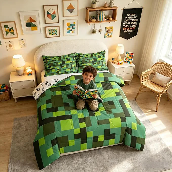 Minimalist Pixel Grid Miners Kids Comforter Set Queen Size Geometric Grid Patchwork Pixelated Bedding Set Boys Room Decor Gamepad Video Games Quilt Comforter Cyan Green Duvet Set Bedroom Quilt Set 2 Pillowcases Professional