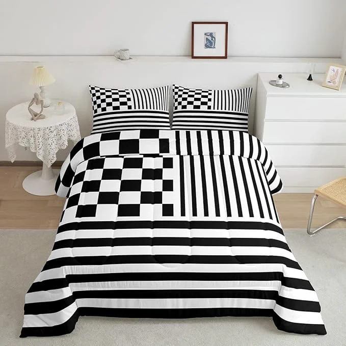 Smooth Black Check Bedding Set King Size Fashion Buffalo Plaid Comforter Modern Simple Style Comforter Set Black Stripes Geometric Duvet Set 3Pcs Quilt Set 1 Comforter Set with 2 Pillowcase Traditional