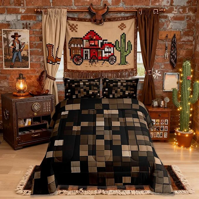 Crafted Manfei Pixel Grid Miners Girls Bedding Set Twin Size Video Games Plaid Lattice Comforter Set，Geometric Modern Check Quilt Comforter Girls Boys Teens Brown Room Decor All Season 1 Pillowcase Verified