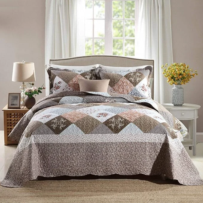 Clean HoneiLife Quilt Set Twin Size – 2 Piece Microfiber Quilts Reversible Bedspreads Patchwork Coverlets Floral Bedding Set All Season Quilts- Splicing Mocha Rose Exclusive