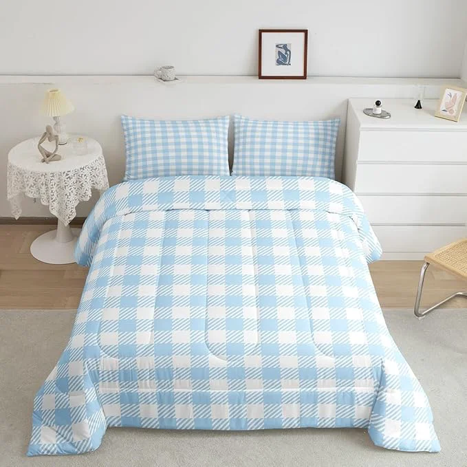 Breathable Manfei Blue Plaid Bedding Set Queen Size Buffalo Check Plaid Comforter Classic Gingham Pattern Comforter Set Blue White Scottish Duvet Set 3Pcs Quilt Set 1 Comforter Set with 2 Pillowcase Practical