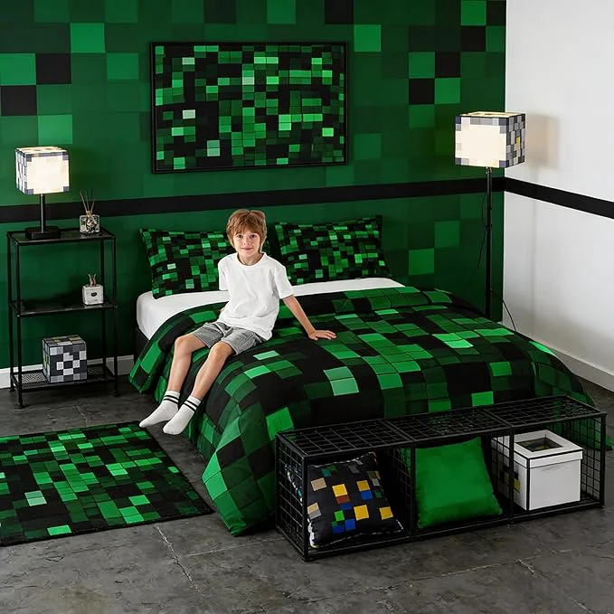 Modern Pixelated Miners Game Kids Comforter Set Twin Size Geometric Check Video Games Bedding Set Boys Room Decor Gamepad Camo Grid Quilt Comforter Black Green Duvet Set Bedroom Quilt Set 1 Pillowcase Reliable
